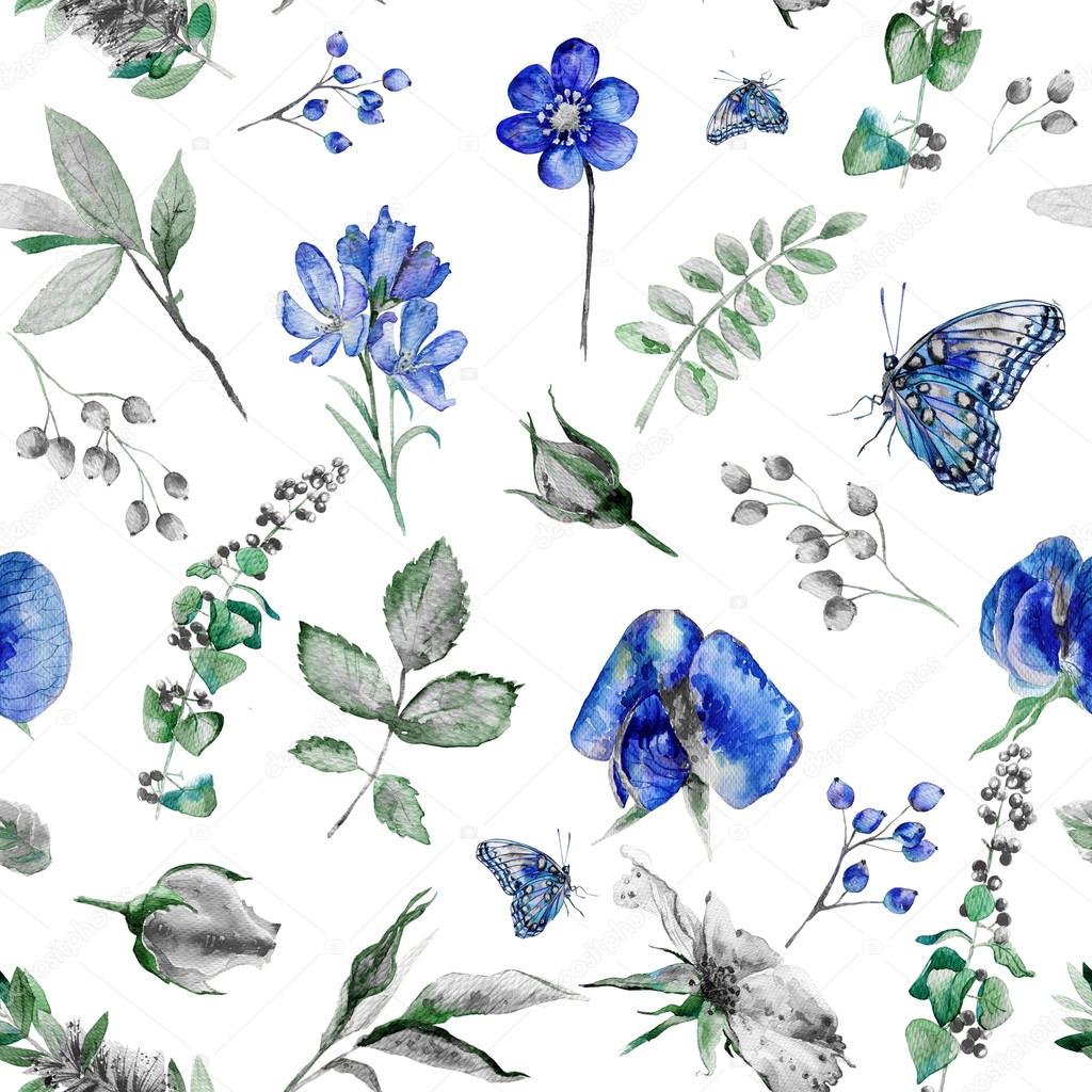 Seamless pattern with blue Sweet pea, Lathyrus odoratus, leaves.