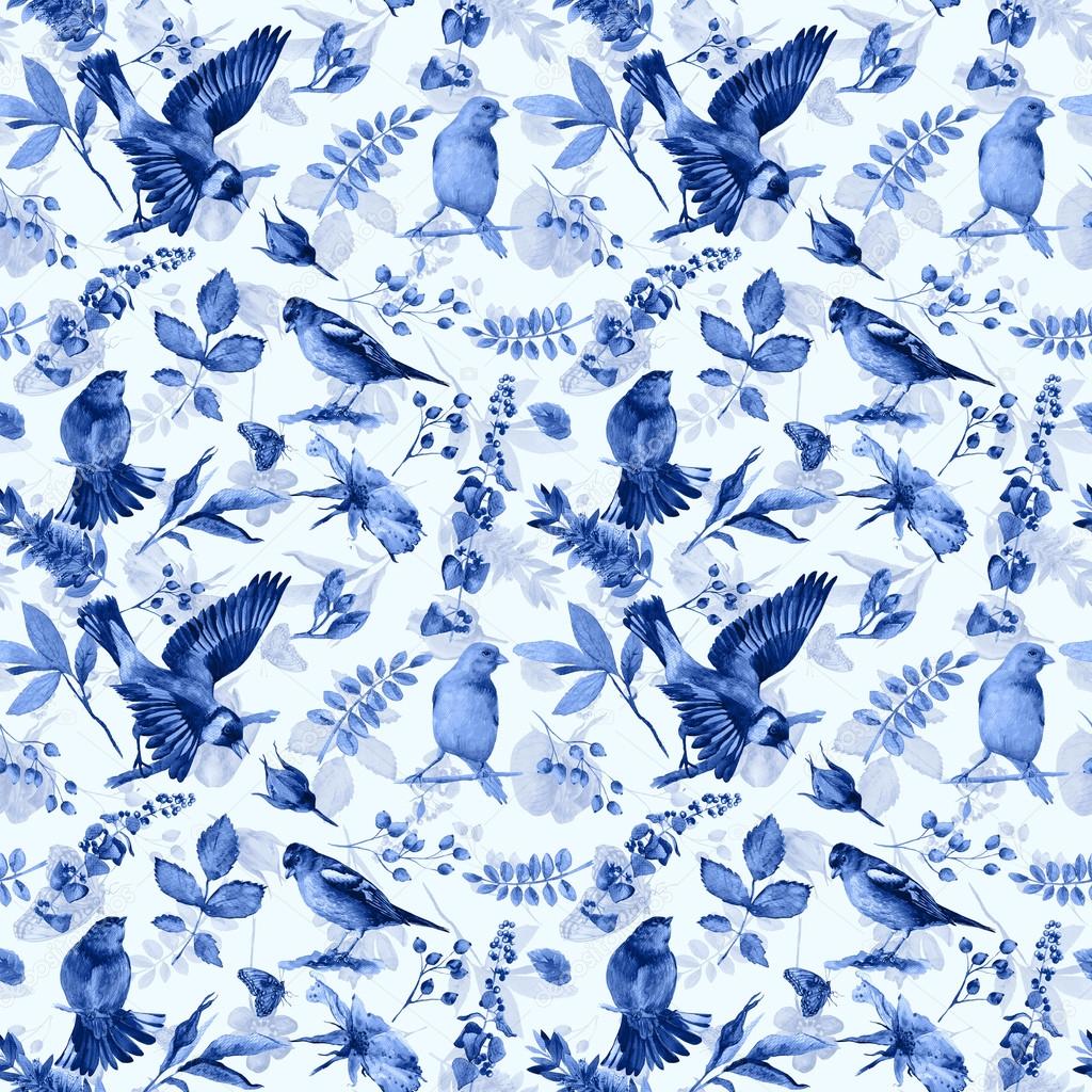 Seamless pattern with flowers, leaves, and birds.