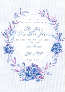 Invitation card. Watercolor blue succulents on white watercolor  clipart