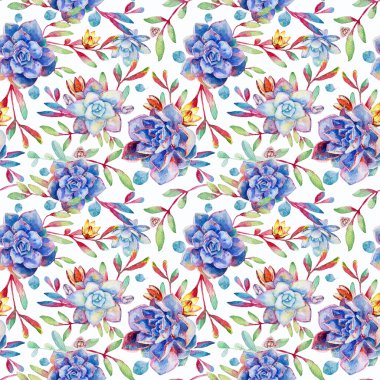 Suluboya mavi succulents ile Seamless Modeli.