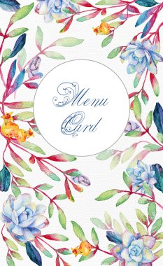 Arka çiçekli. Suluboya mavi succulents.