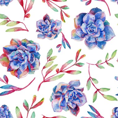 Suluboya mavi succulents ile Seamless Modeli.
