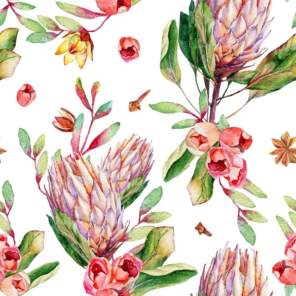 Nahtloses Muster mit Aquarell rosa Protea und Rosen. — Stockfoto
