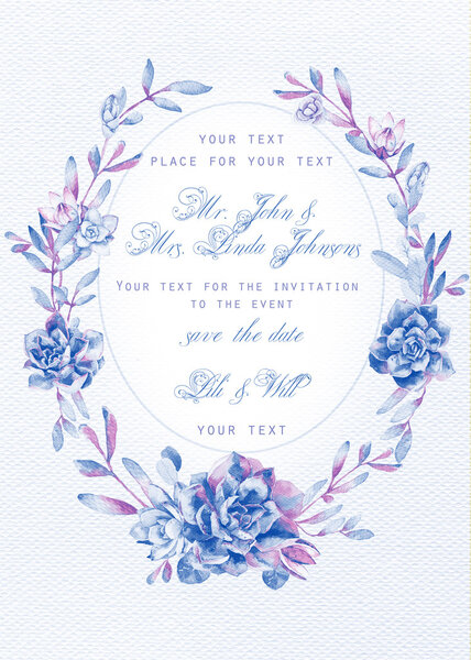 Invitation card. Watercolor blue succulents on white watercolor 