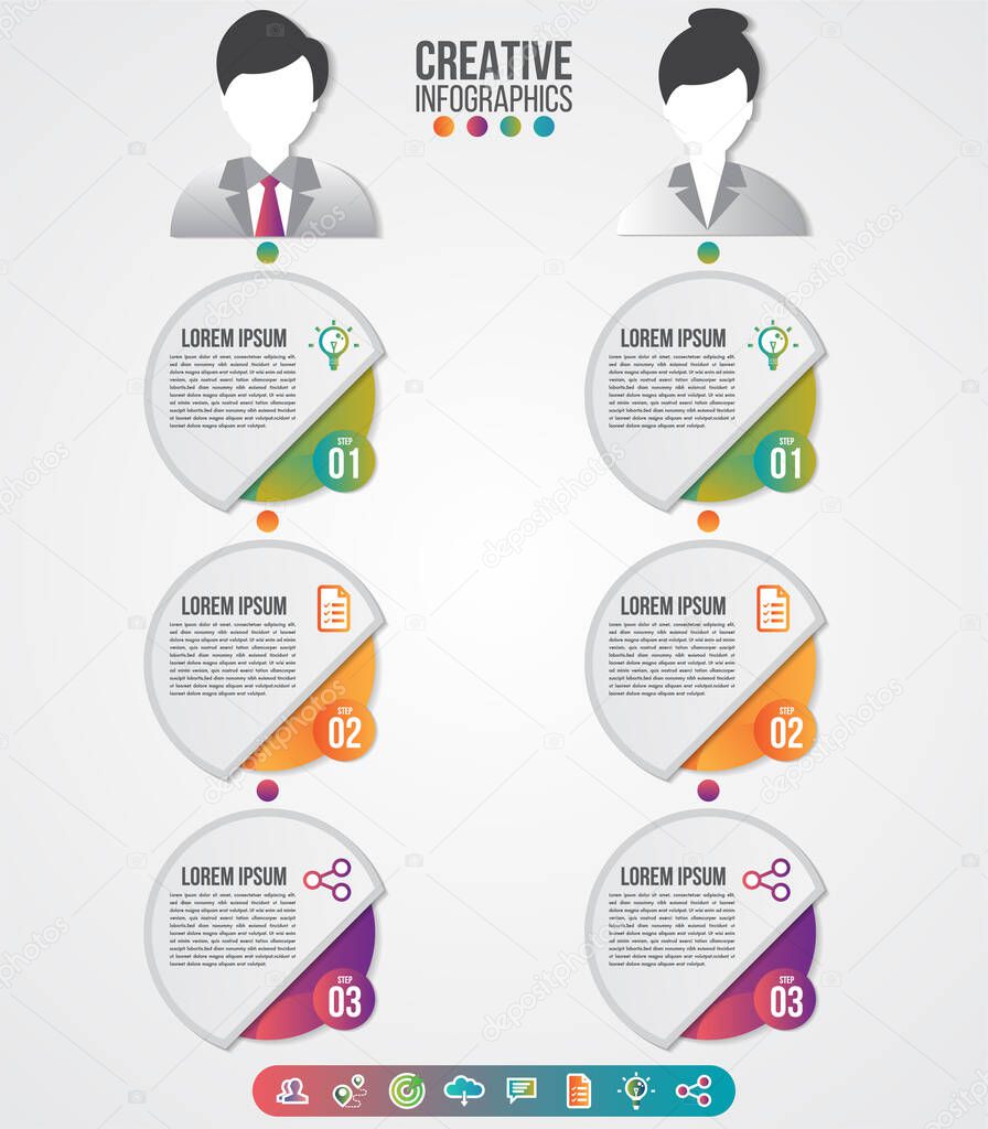 Infographics template men and women symbol avatar with icons set for presentation design clean number banners. Can be used for workflow layout, diagram, business step options, web design.
