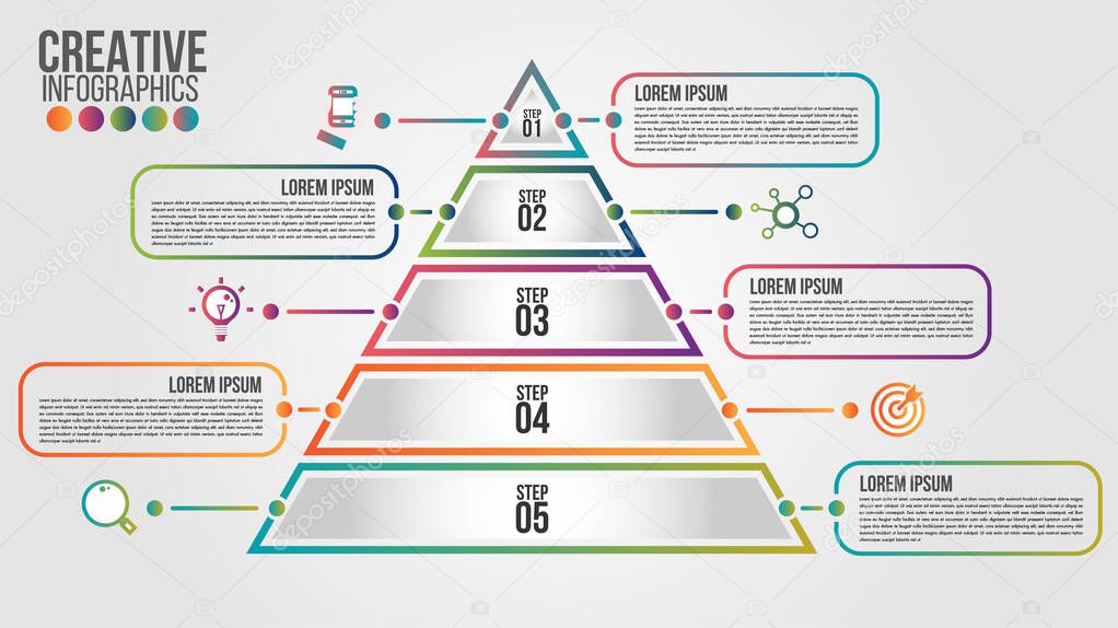 Pyramid infographic colorful template with 5 steps or options concept.Each part contains unique number, icon and space for own text or other purposes.Can be used for web, diagram, graph, presentation.