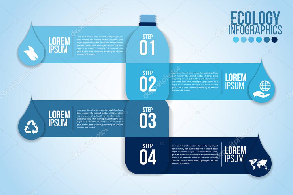 Infographic eco water blue design elements process 4 steps or options parts with drop of water. Ecology organic nature vector business template for presentation.