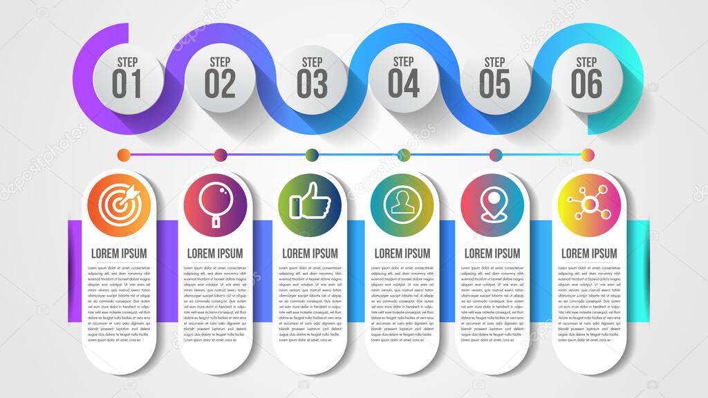 Infographic modern timeline design vector template for business with 6 steps or options illustrate a strategy. Can be used for workflow layout, diagram, annual report, web design, team work.