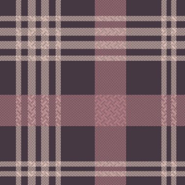 Tartan desenli, kusursuz vektör arkaplanı. Flanel gömlek, battaniye, fırlatma ya da diğer modern tekstil tasarımları için pembe ve mor renkli ekose kumaş. Herringbone dokuması.