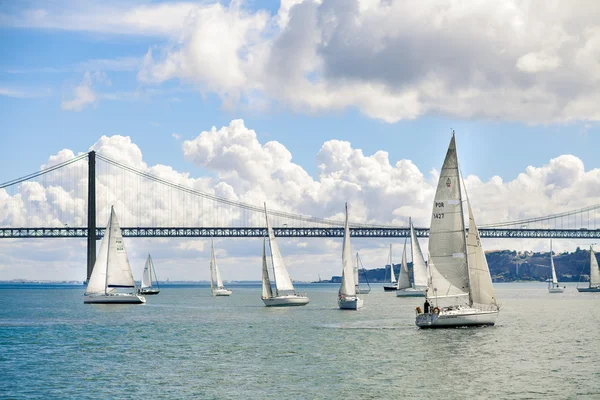 25th April bridge and sailboats — Stock Photo, Image