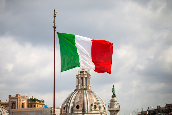 Italian flag and Rome cityscape