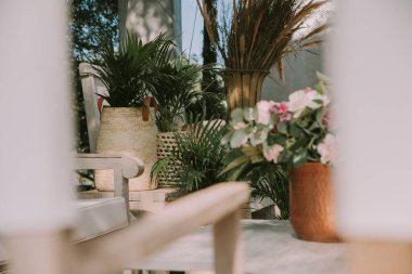 ahşap masalar ve renkli çiçekli sandalyeler