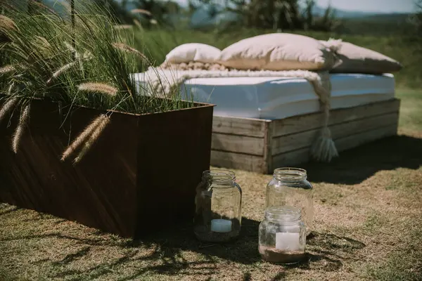 Düğün töreninde bitkileri olan beyaz koltuklar..