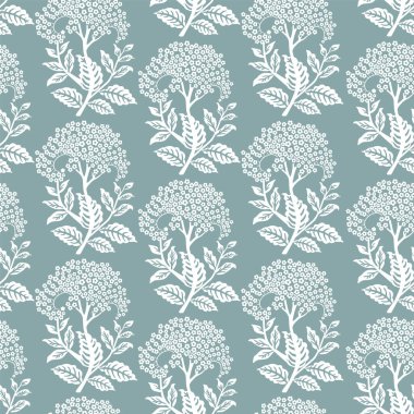 Mavi arka planda beyaz yaşlı çiçekleri olan kusursuz çiçek deseni.. 