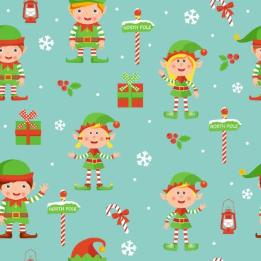 Elfler, meyveler, kutular. Kusursuz Noel deseni.