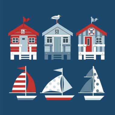 Mavi arka planda sahil kulübeleri ve tekneler.. 