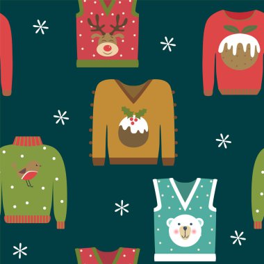 Mavi arka planda kusursuz Noel kazakları ve kar taneleri deseni. 