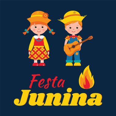 Kız ve erkek Festa Junina kartı. Vektör illüstrasyonu.. 