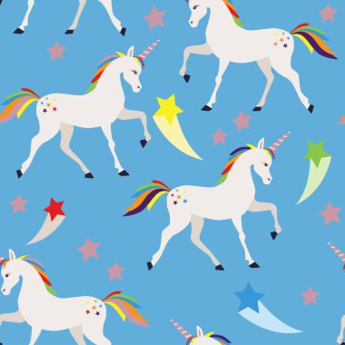 Kusursuz desen. Mavi arka planda srasr ile şirin bir tek boynuzlu at..