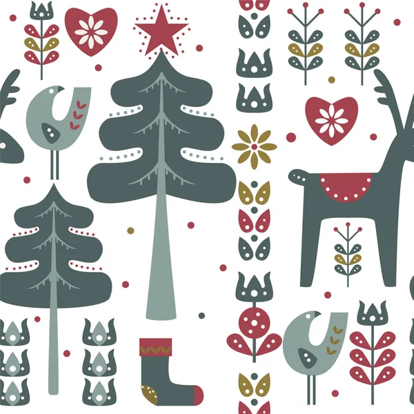 Patrón Sin Costura Ornamental Navidad Con Ciervos Estilizados Árboles Flores — Vector de stock