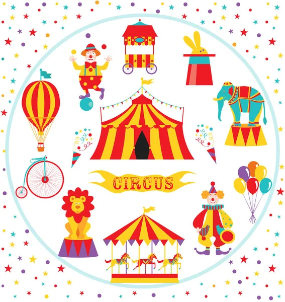 Цирк Встановлений Наметом Клоунами Слоном Левом Повітряними Кулями Мотоциклом Каруселем — стоковий вектор