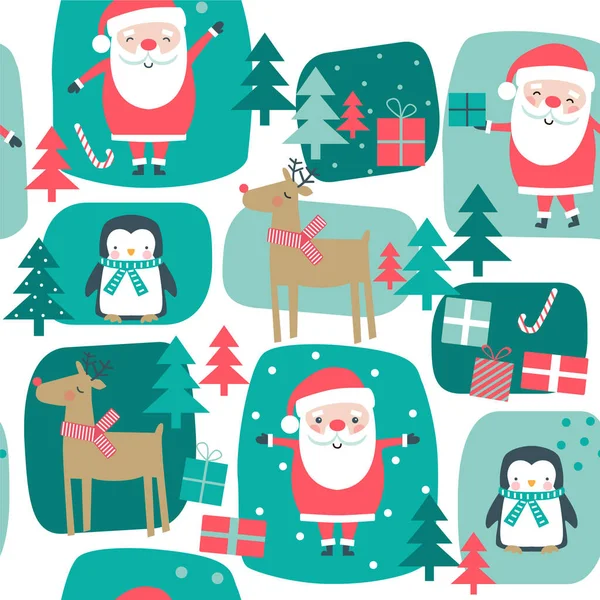 Patrón Sin Costuras Navidad Con Santa Venado Árbol Pingüino Cajas — Archivo Imágenes Vectoriales