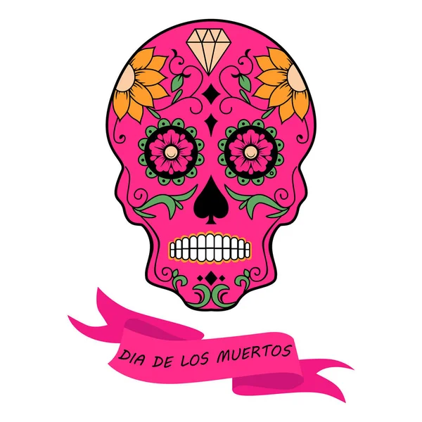 死者の日 ディア ムエルトス 頭蓋骨とバナー付きメキシコの休日のためのカード — ストックベクタ