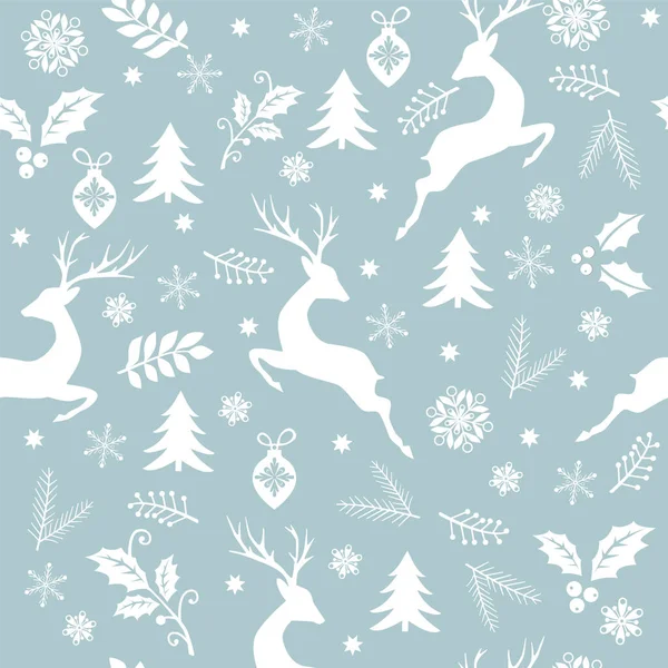 Patrón Sin Costuras Navidad Árboles Blancos Ciervos Copos Nieve Decoraciones — Vector de stock