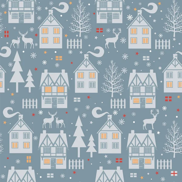 Kerst Naadloos Patroon Met Huisjes Huizen Bomen Blauwe Achtergrond Vectorillustratie — Stockvector