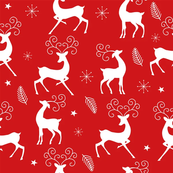 Seamless Christmas Pattern White Reindeer Snowflakes Red Background Vector Illustration Stock Illustration