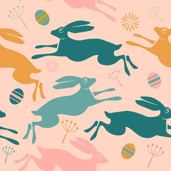 Happy Easter Seamless Pattern Rabbits Flowers Pink Background Royalty Free Stock Illustrations