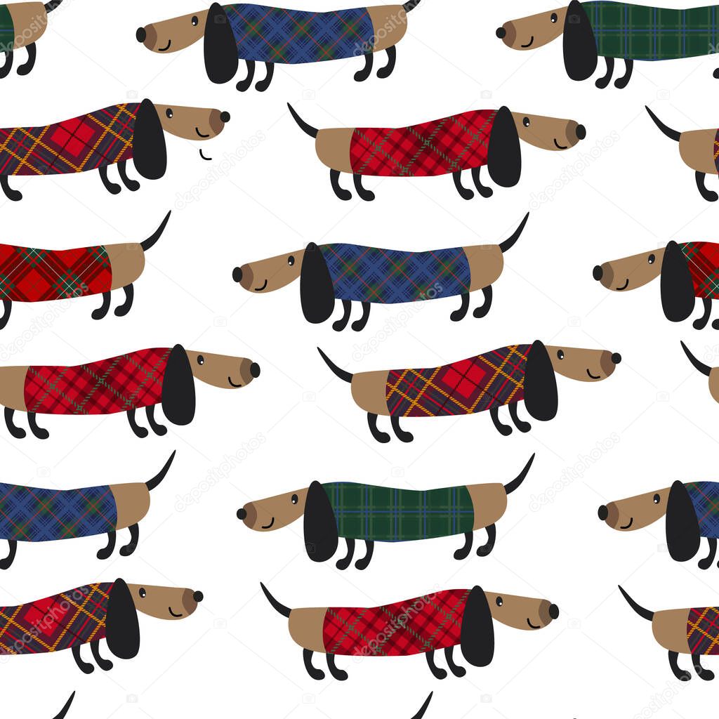 Seamless pattern with cute dachshound dogs. Vector illustration. Small puppies background. Textile, web or wrap paper design