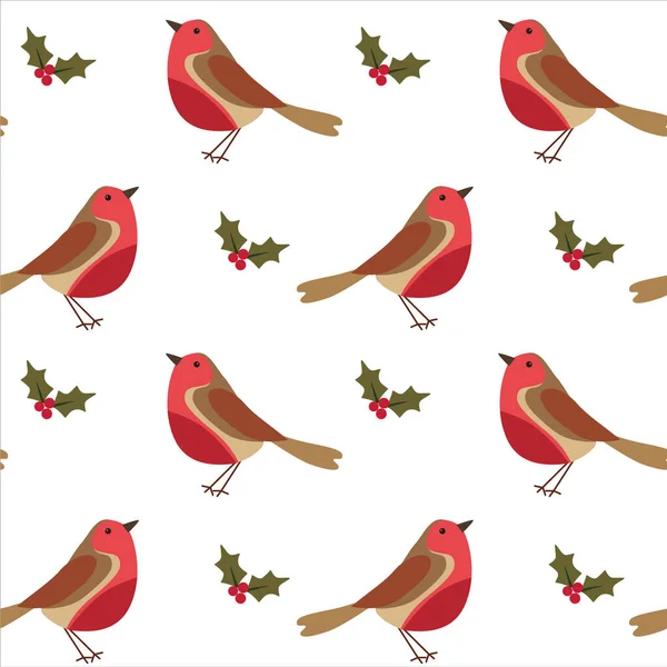 Patrón de Navidad sin costuras con Robin pájaro y bayas con hojas. — Archivo Imágenes Vectoriales