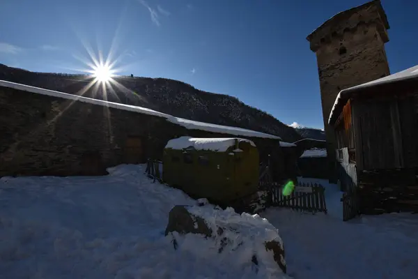 Inverno Ushguli Nas Montanhas Cáucaso Região Samegrelo Zemo Svaneti Geórgia — Fotografia de Stock