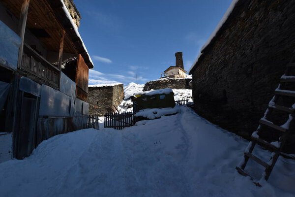 Winter in Ushguli in the Caucasus Mountains in Samegrelo-Zemo Svaneti region, georgia