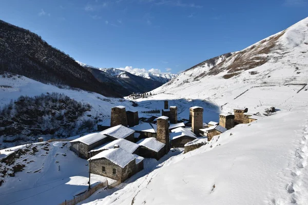 Inverno Ushguli Nas Montanhas Cáucaso Região Samegrelo Zemo Svaneti Geórgia Imagem De Stock