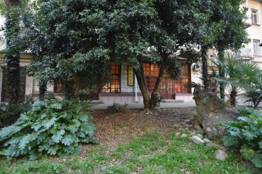 Bahçesinde ağaç ve heykel olan bir ev.