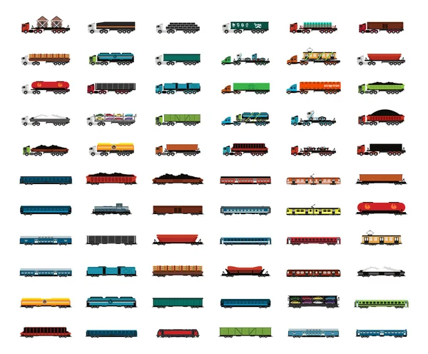 Conjunto de comboios e camiões de transporte — Vetor de Stock