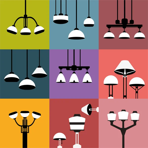 Lampy i latarnie zestaw ikon — Wektor stockowy