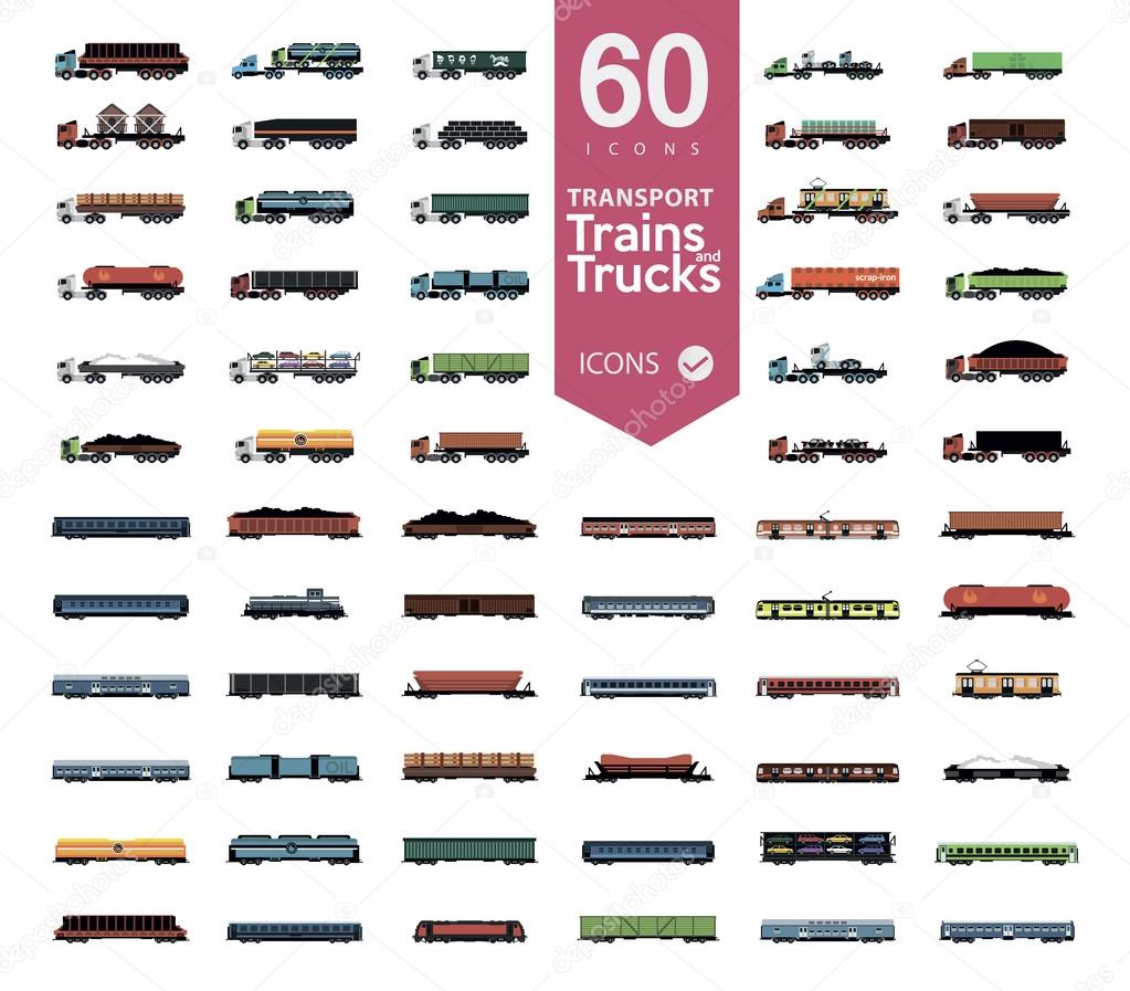 set of transport trains and trucks