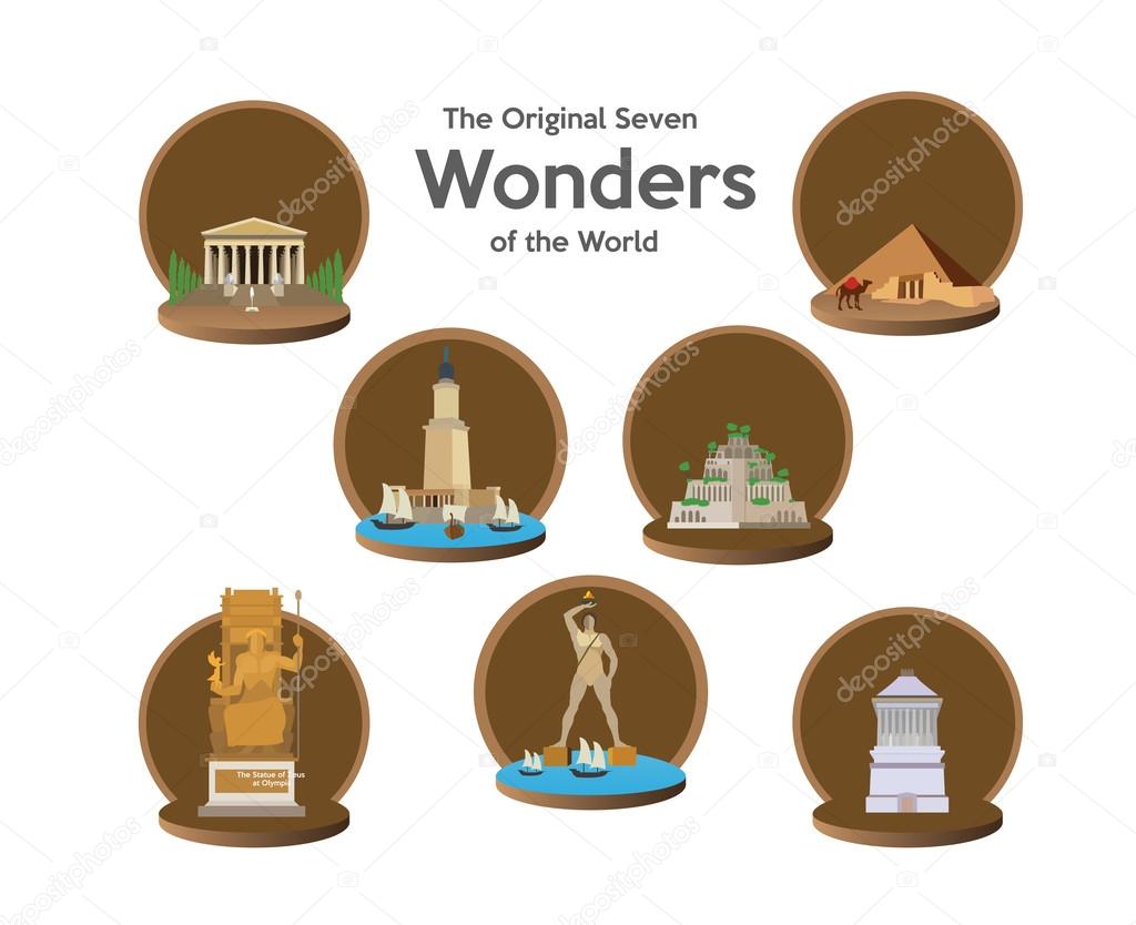 seven world wonders icons set