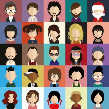 Düz stil yüzü olan 25 kişi simgeler kümesi.