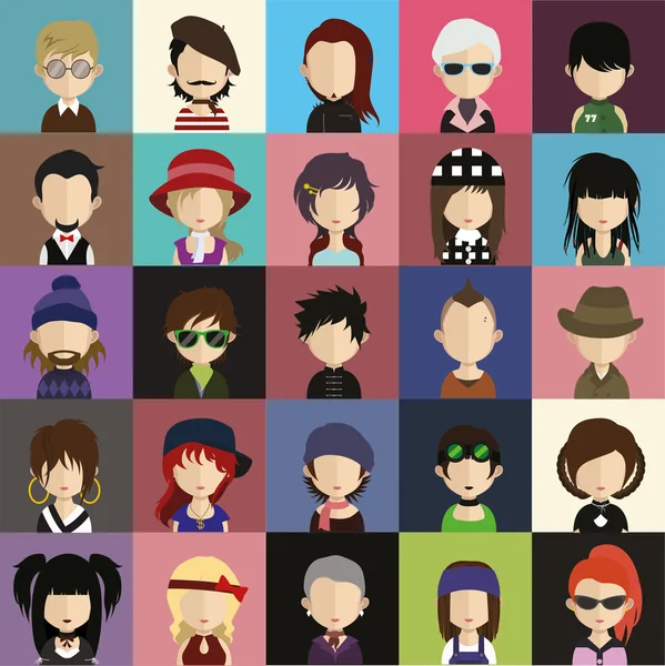 Conjunto de iconos de 25 personas en estilo plano con caras . — Vector de stock