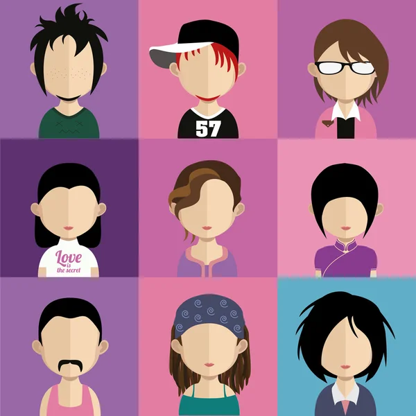 Conjunto de 9 iconos de personas en estilo plano con caras — Archivo Imágenes Vectoriales