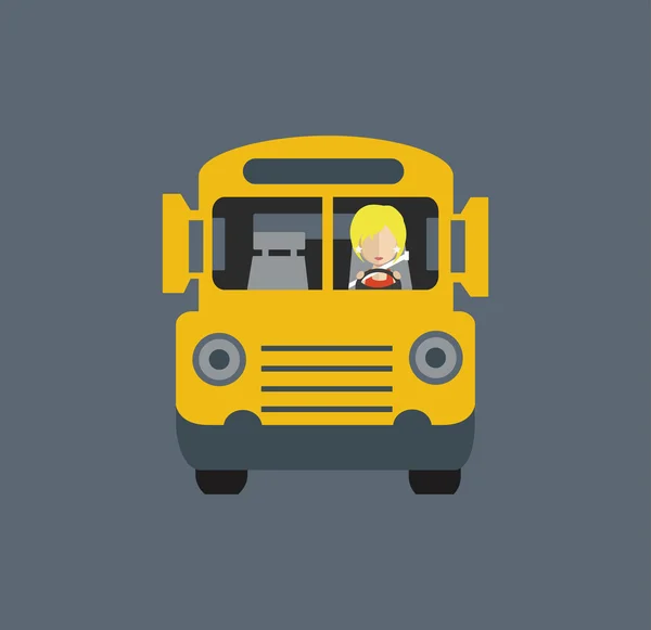 Motorista mulher dos desenhos animados no ônibus escolar —  Vetores de Stock