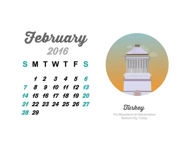 Februari kalender med Halikarnassos Mausoleum — Stock vektor