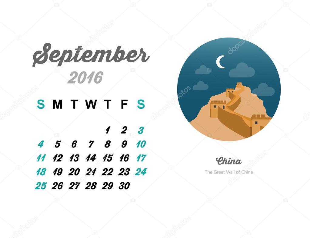 September calendar with Great China wall