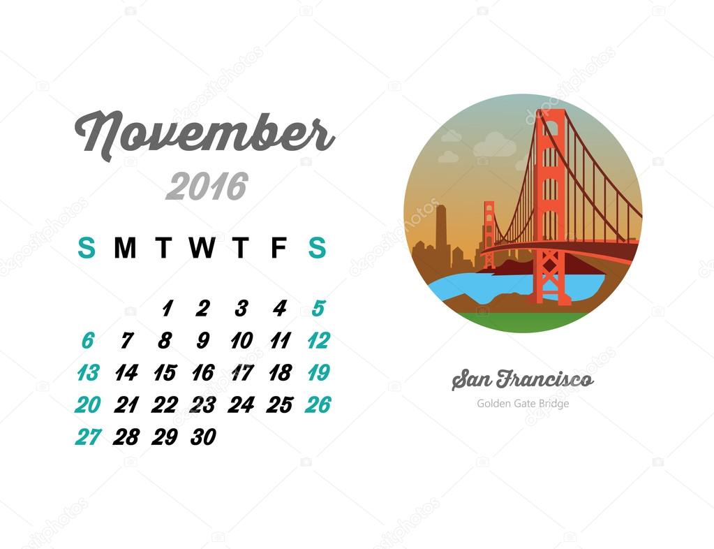 November calendar with San Francisco bridge