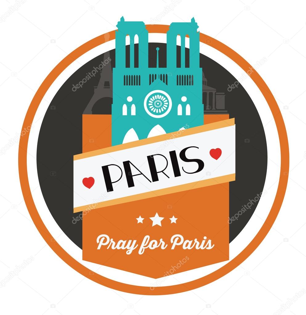Logo, label with Notre Dame de Paris cathedral, landmarks and mark Pray for Paris. vector