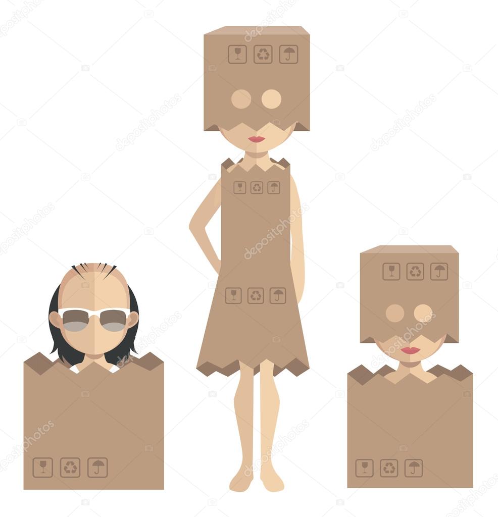 people with boxes on head